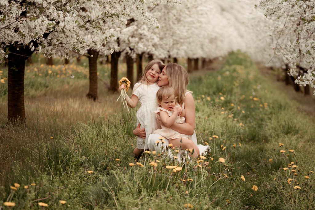 Die Mama sitzt in der Wiese inmitten der blühenden Kirschbaumplantage. Die Blüten strahlen ganz in weiß. In den Armen hält die Mama ihre zwei kleinen Mädchen. Das größere Mädchen hat gelbe Blumen in der Hand. Die Bilder sind im Kirschblütenshooting entstanden.
